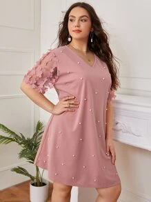 SHEIN Clasi Plus Contrast Appliques Mesh Sleeve Pearls Tunic Dress - Dusty Pink - View 5