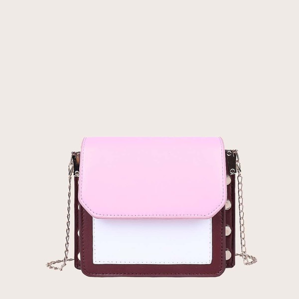 

Studded Decor Colorblock Chain Crossbody Bag, Pink