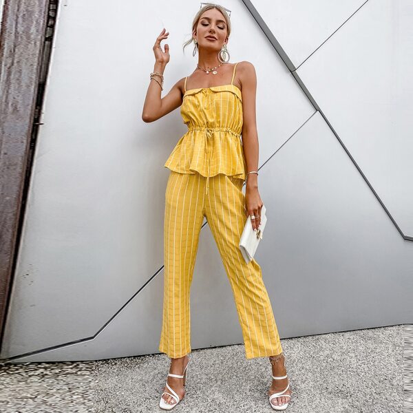 

Plaid Drawstring Waist Cami Top & Pants Set, Yellow