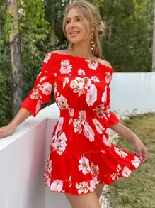 Eilly Bazar 花卉打褶荷葉邊下擺連衣裙 - 紅色 - 查看 1