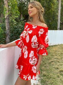 Eilly Bazar 花卉打褶荷葉邊下擺連衣裙 - 紅色 - 查看 3