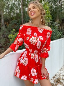 Eilly Bazar 花卉打褶荷葉邊下擺連衣裙 - 紅色 - 查看 4