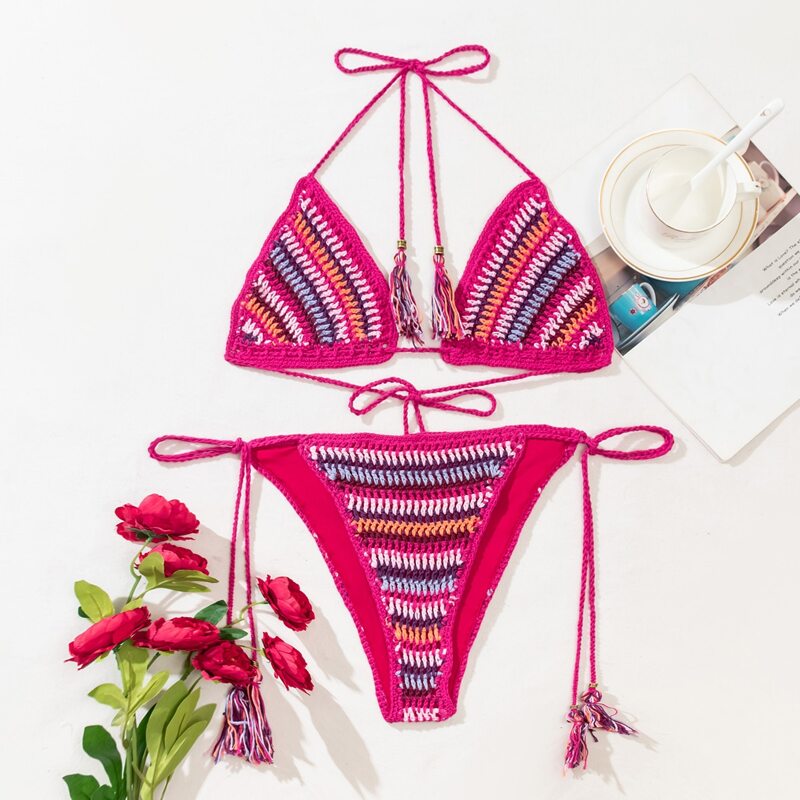 

Striped Knit Halter Bikini Swimsuit, Multicolor