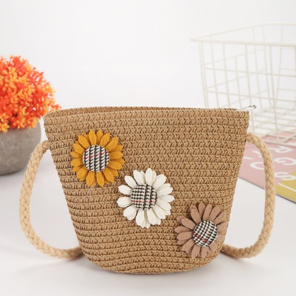 

Girls Sunflower Appliques Straw Bucket Bag, Coffee brown