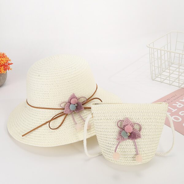 

Girls Flower Decor Straw Bucket Bag & Hat, White