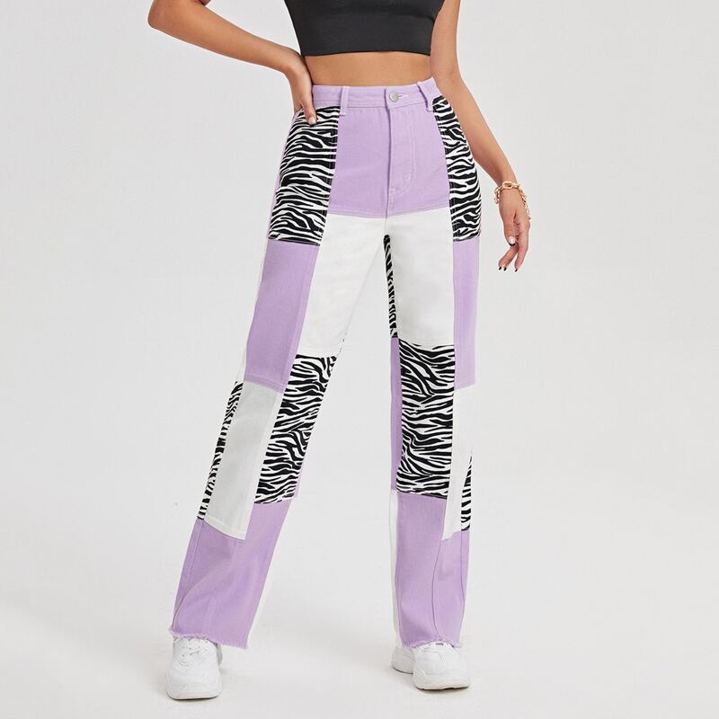 

Colorblock Zebra Stripe Raw Hem Jeans, Multicolor