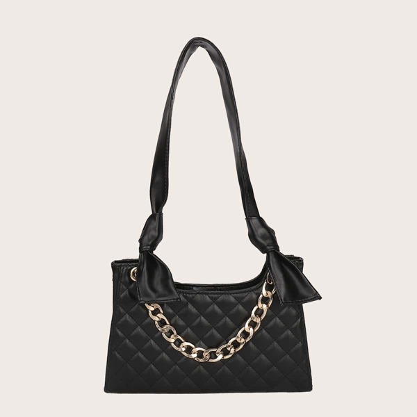 

Chain Decor Quilted Shoulder Bag, Black