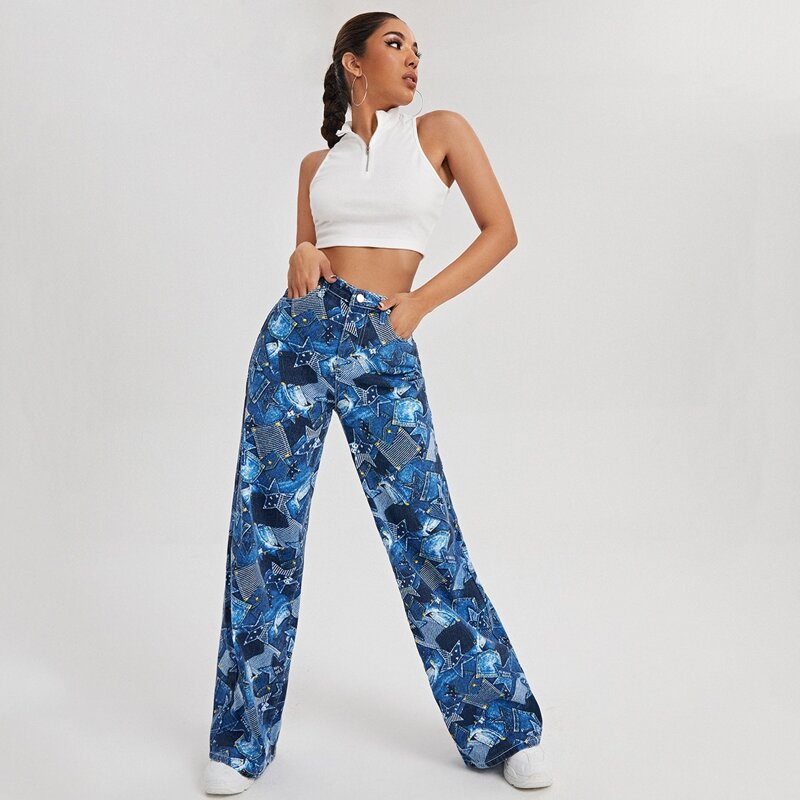 

High Waist Star Print Wide Leg Jeans, Multicolor
