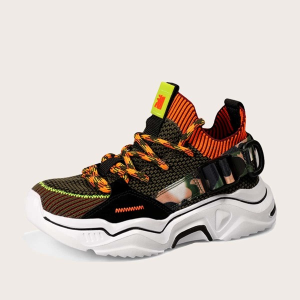 

Boys Camo Pattern Lace Up Decor Knit Sneakers, Army green