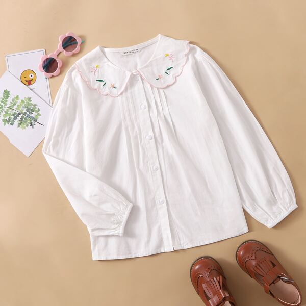 

Girls Floral Embroidered Pleated Detail Blouse, White