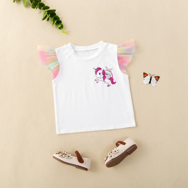 

Toddler Girls Cartoon Graphic Contrast Mesh Tee, White