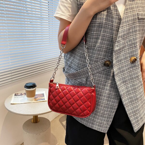 

Quilted Chain Baguette Bag, Red