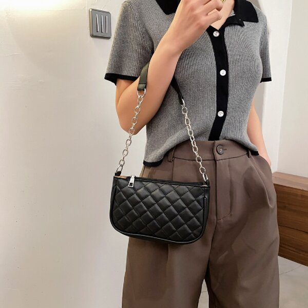 

Quilted Chain Baguette Bag, Black