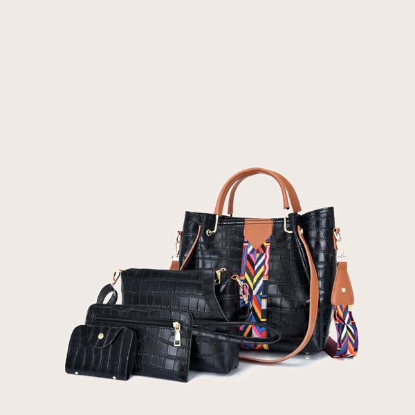 

4pcs Croc Embossed Tote Bag Set, Black