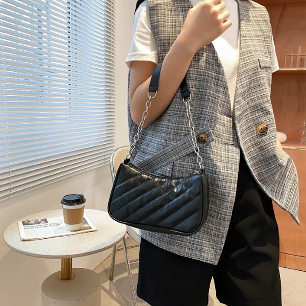 

Stitch Detail Chain Baguette Bag, Black