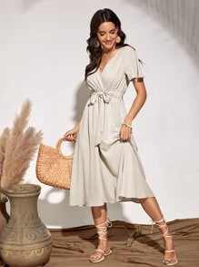 SHEIN Unity 飛袖腰帶洋裝 - 米色 - 查看 1