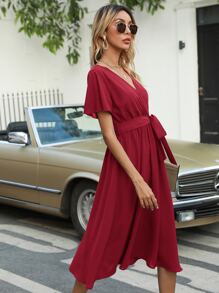 Flutter Sleeve Belted Dress - Burgundy - View 4