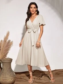 SHEIN Unity 飛袖腰帶洋裝 - 米色 - 查看 3
