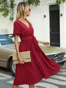 Flutter Sleeve Belted Dress - Burgundy - View 6