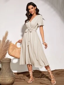 SHEIN Unity 飛袖腰帶洋裝 - 米色 - 查看 4