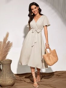 SHEIN Unity 飛袖腰帶洋裝 - 米色 - 查看 5