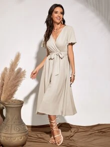 SHEIN Unity 飛袖腰帶洋裝 - 米色 - 查看 6