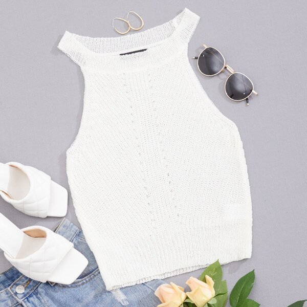 

Solid Halter Knit Top, White