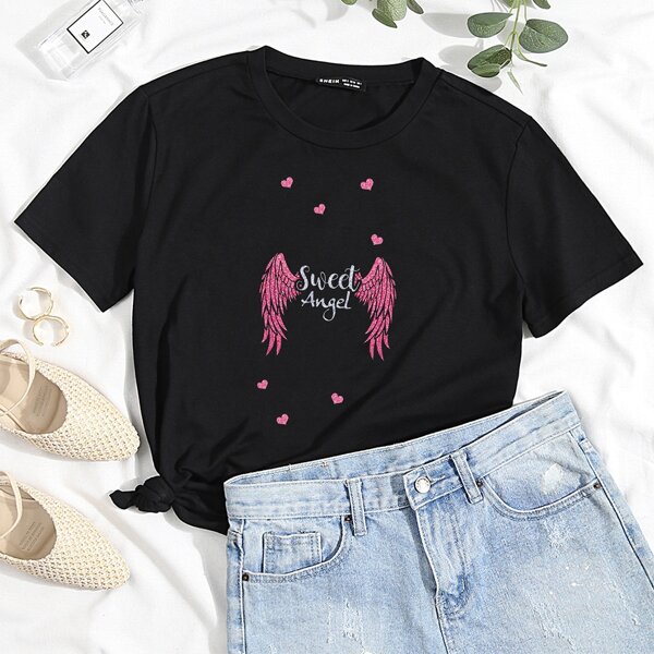 

Sweet Angel & Heart Print Tee, Black