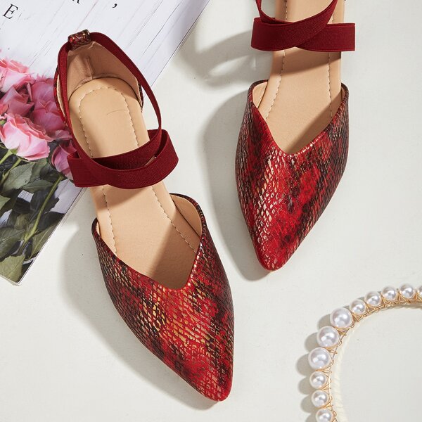 

Snakeskin Ankle Strap Flats, Red