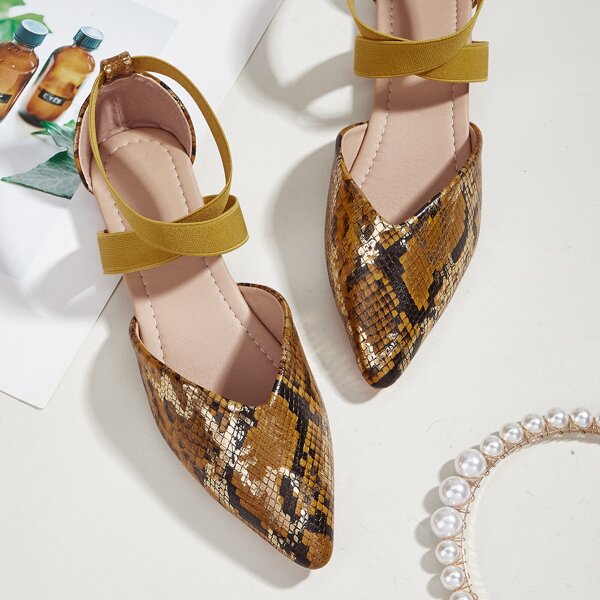 

Snakeskin Ankle Strap Flats, Brown