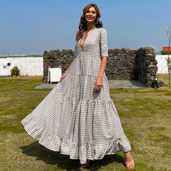 

Plunging Neck Ruffle Hem Gingham Dress, Grey