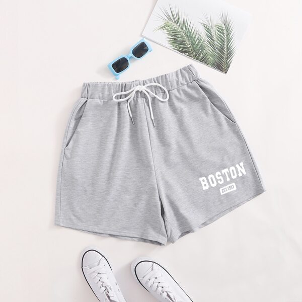 

Plus Letter Graphic Drawstring Waist Shorts, Light grey