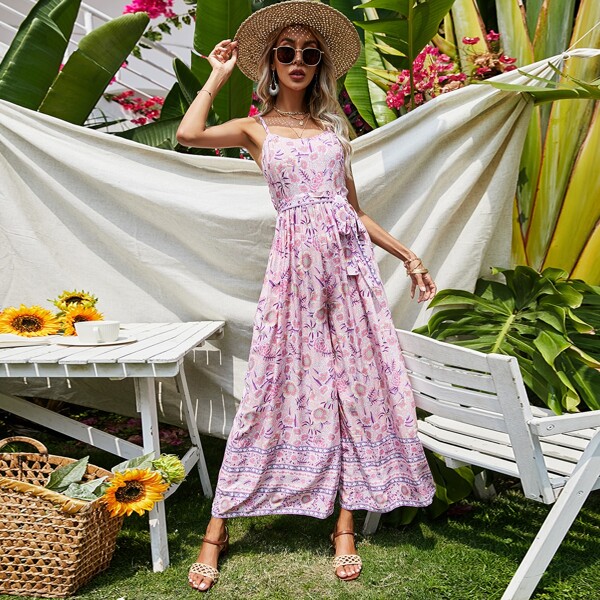 

Flower Print Belted Cami Jumpsuit, Pink