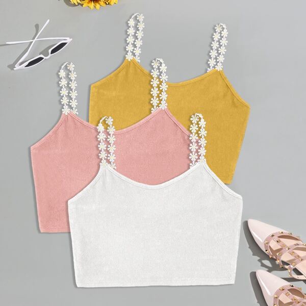 

3 Pack Appliques Straps Crop Cami Top, Multicolor