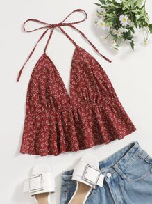 SHEIN Holidaya 小碎花後繫帶繞頸上衣 - 酒紅色 - 查看 1