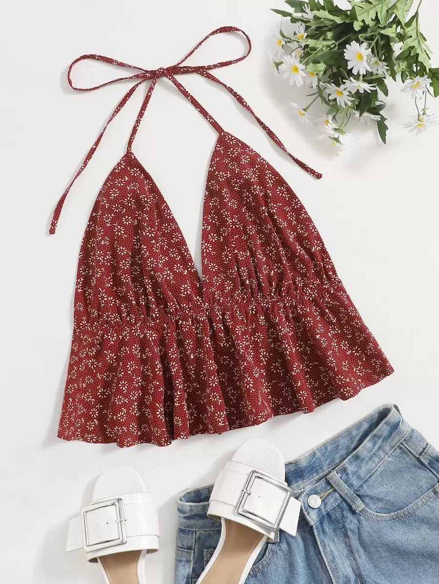 SHEIN Holidaya 小碎花後繫帶繞頸上衣 - 酒紅色 - 查看 1