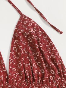 SHEIN Holidaya 小碎花後繫帶繞頸上衣 - 酒紅色 - 查看 4