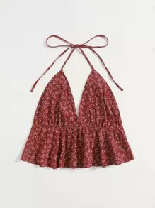 SHEIN Holidaya 小碎花後繫帶繞頸上衣 - 酒紅色 - 查看 5