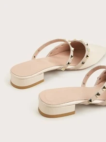 Women's Flat Sandals With Rivets, Thick Heel, Closed Toe Slip-On Mules, New Fashion Design To Pair With Dresses, Pointed Toe Low Heel Crystal Soft Leather Shoes