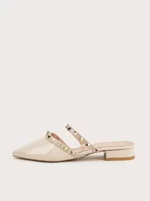 Women's Flat Sandals With Rivets, Thick Heel, Closed Toe Slip-On Mules, New Fashion Design To Pair With Dresses, Pointed Toe Low Heel Crystal Soft Leather Shoes