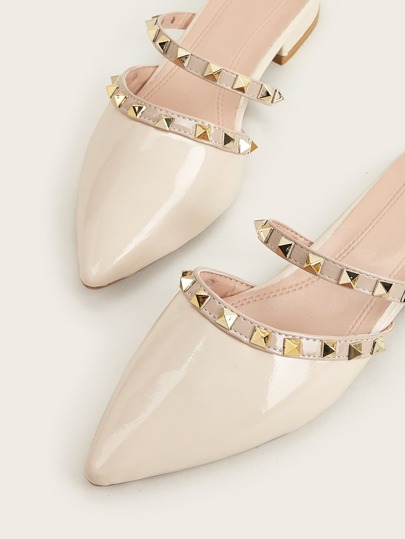 Zapatos planos tipo slip-on para mujer con tachuelas, tacón grueso, punta cerrada, estilo media zapatilla, nuevo diseño para uso en exteriores, punta puntiaguda con tacón bajo y strass, zapatos mule de piel sintética PU suave