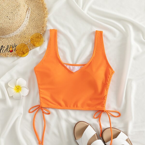 

Solid Drawstring Bikini Top, Orange