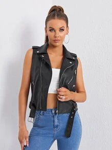 SHEIN Essnce PU Leather Sleeveless Belted Biker Jacket - Black - View 1