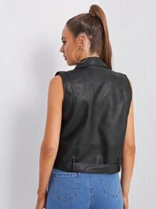 SHEIN Essnce PU Leather Sleeveless Belted Biker Jacket - Black - View 2