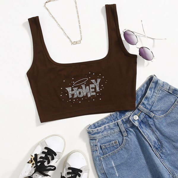 

Letter Rhinestone Crop Tank Top, Chocolate brown