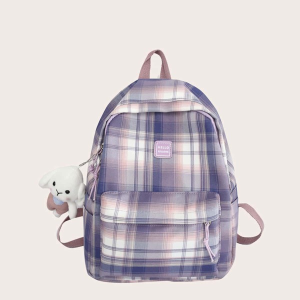 

Cartoon Decor Plaid Pattern Backpack, Purple