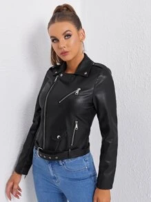 SHEIN Essnce Zipper Front Belted Detail Moto Jacket,Ladies Late Fall Casual Belted,Pocket,Zipper Regular Sleeve Collar Regular Fit Black Polyurethane Plain Women Jackets,Casual Daily Wear - Black - View 3
