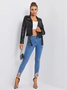 SHEIN Essnce Zipper Front Belted Detail Moto Jacket,Ladies Late Fall Casual Belted,Pocket,Zipper Regular Sleeve Collar Regular Fit Black Polyurethane Plain Women Jackets,Casual Daily Wear - Black - View 5