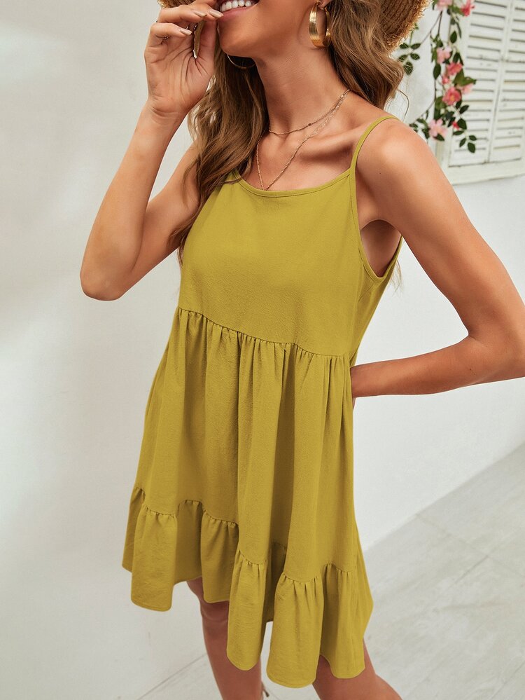 荷葉邊下擺吊帶洋裝 - 芥末黃 - 查看 4