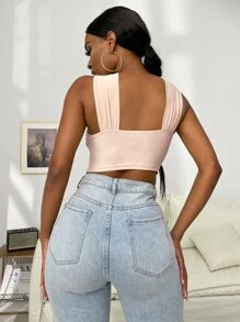 SHEIN SXY 交叉圍裹短版背心上衣 - 杏色 - 查看 2